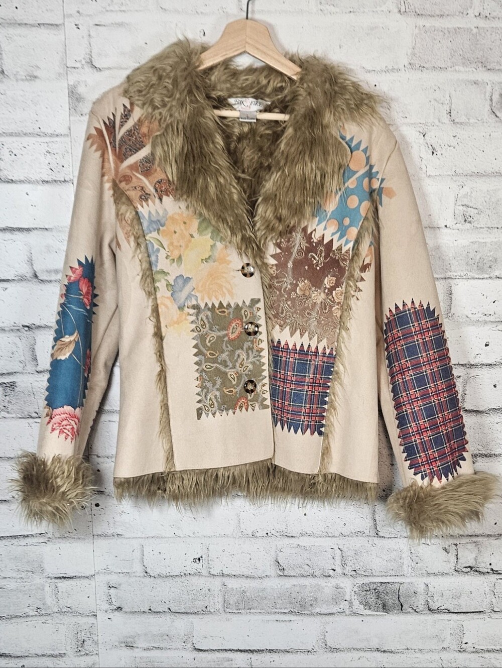 Fox Fire Patchwork Faux Shearling Jacket Faux Fur Trim Boho Western Size L